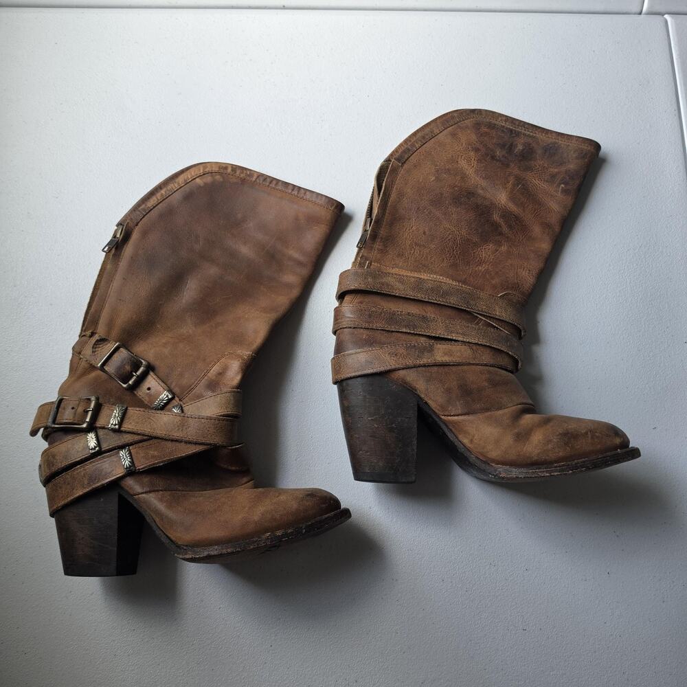 Freebird Boots Teagn Womens 7 Brown Leather Western Strap Buckle Mid Calf Heel